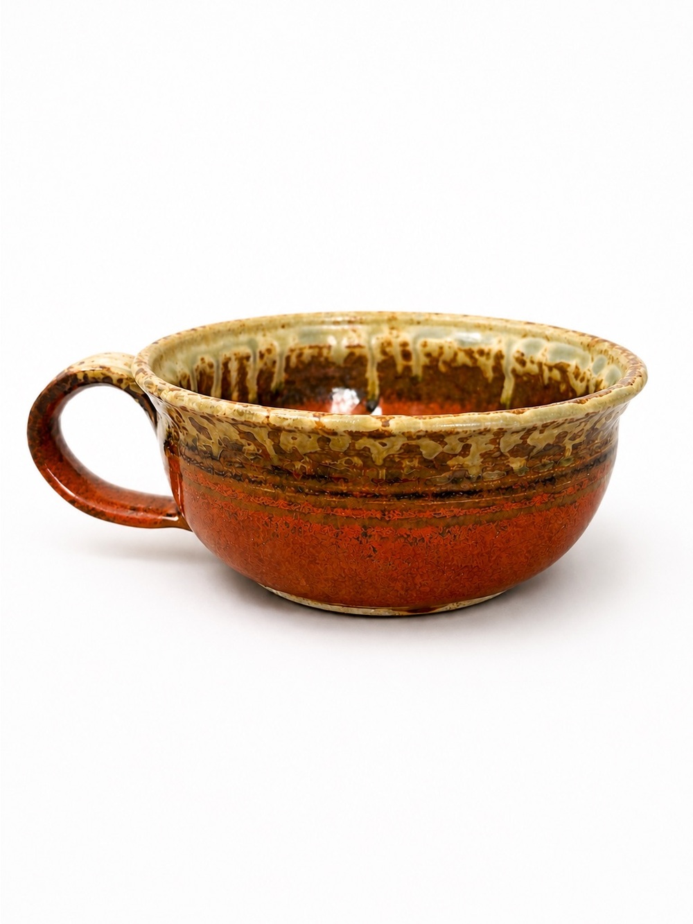 Glazed Ceramic Soup Bowl with Handle in Rustic Brown and Cream